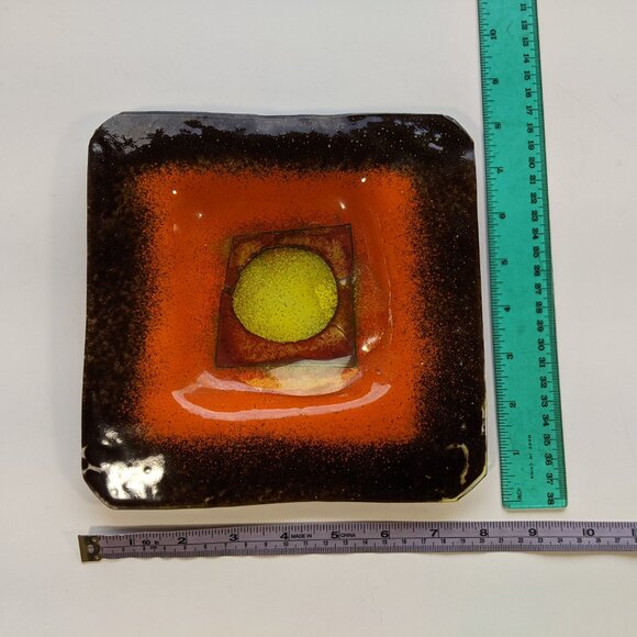 Mid Century Modern orange brown yellow Square Glass Dish for vintage credenza - Picture 8 of 8
